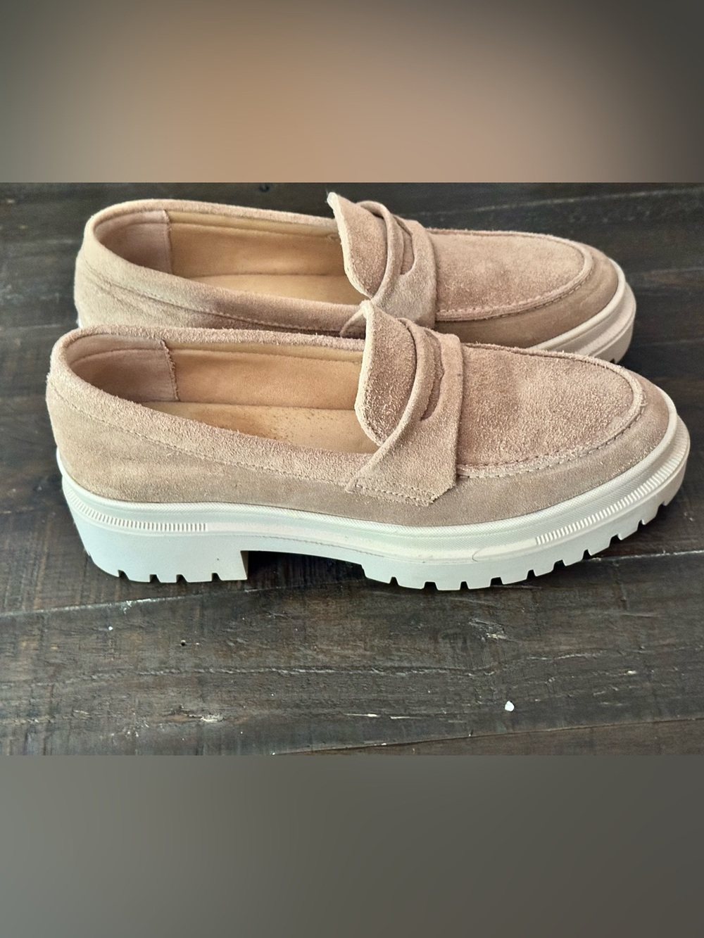 Portland Leather Goods Patina Suede Platform Penny Loafers in Beige Size 10